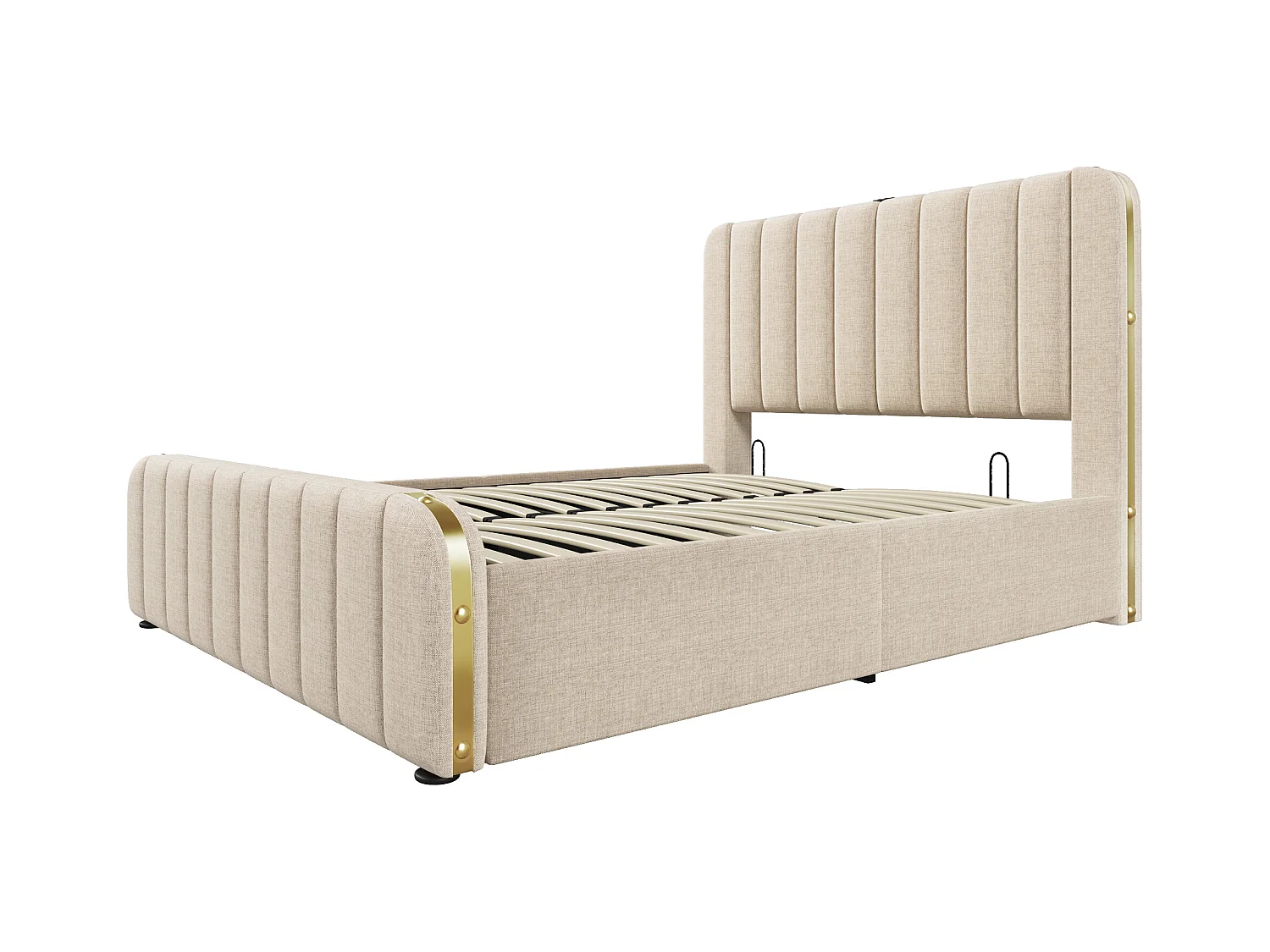 Lit coffre 160x200 cm - lit adulte avec rayures décoratives dorées et recharge USB Type-C - lin - beige