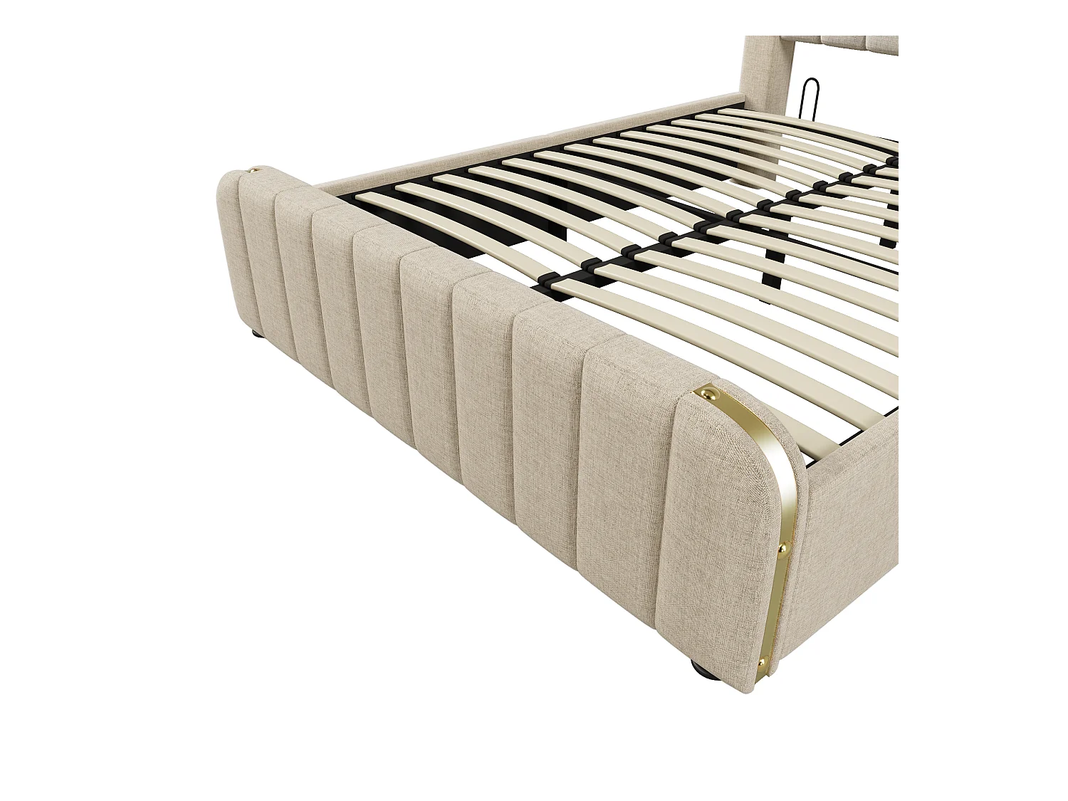 Lit coffre 160x200 cm - lit adulte avec rayures décoratives dorées et recharge USB Type-C - lin - beige