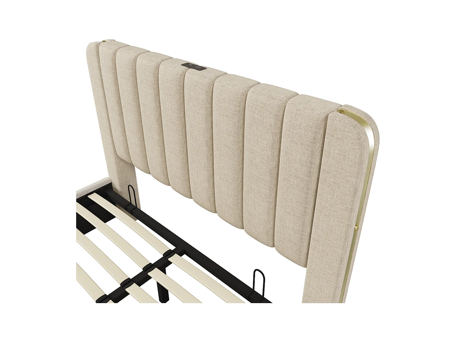 Lit coffre 160x200 cm - lit adulte avec rayures décoratives dorées et recharge USB Type-C - lin - beige
