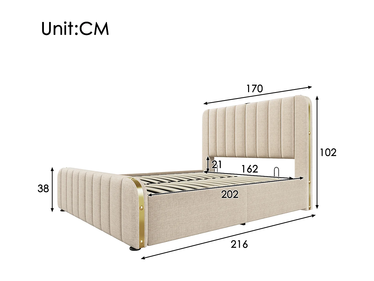 Lit coffre 160x200 cm - lit adulte avec rayures décoratives dorées et recharge USB Type-C - lin - beige