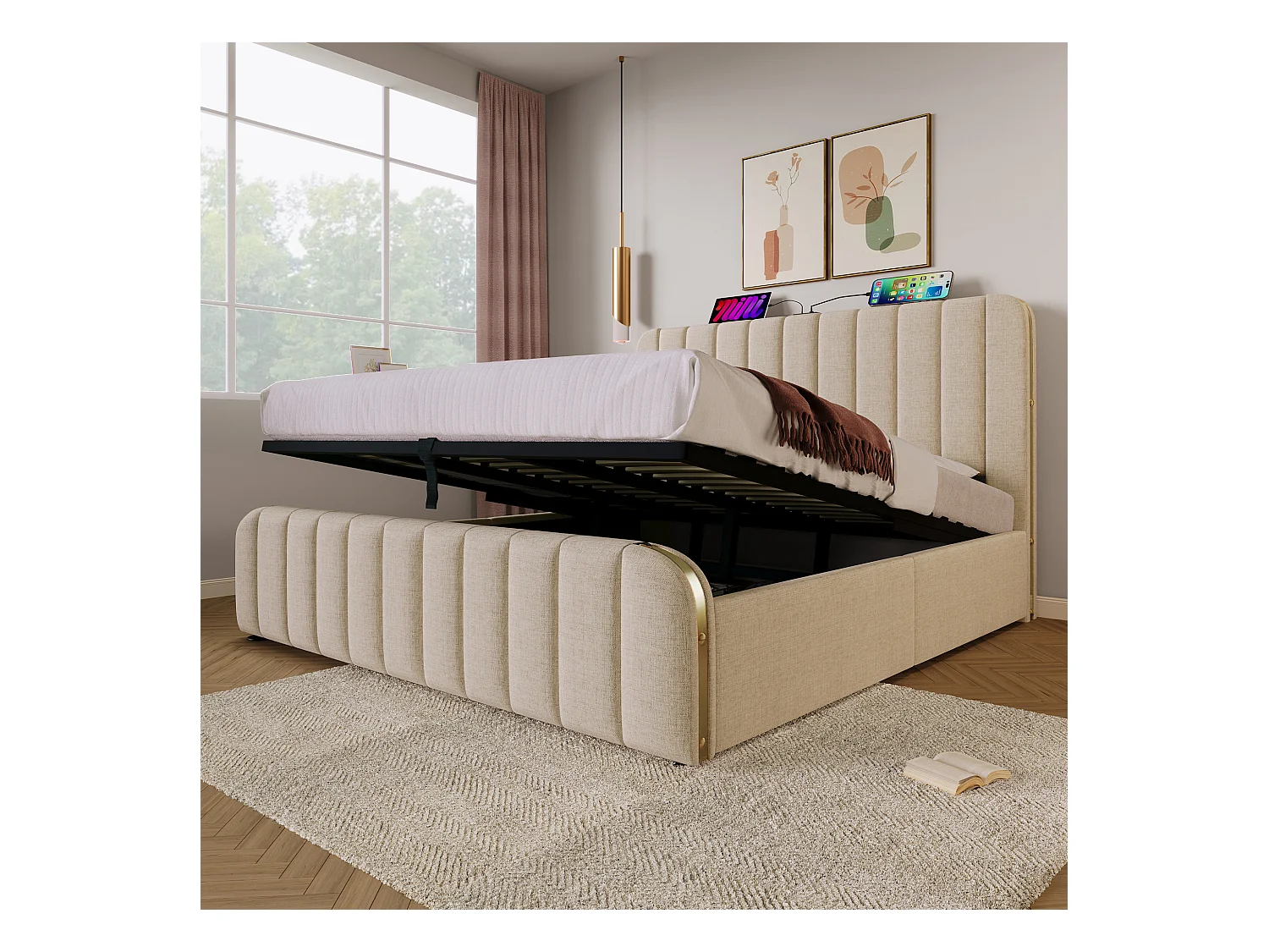Lit coffre 180x200 cm - lit adulte avec rayures décoratives dorées et recharge USB Type-C - lin - beige