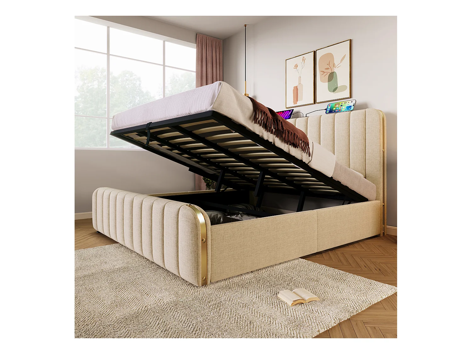 Lit coffre 180x200 cm - lit adulte avec rayures décoratives dorées et recharge USB Type-C - lin - beige