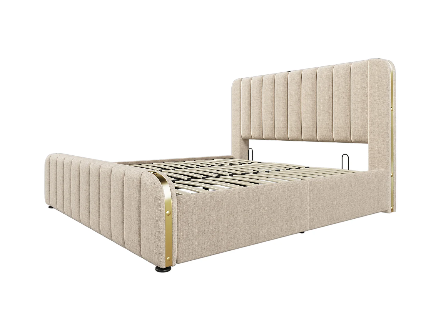 Lit coffre 180x200 cm - lit adulte avec rayures décoratives dorées et recharge USB Type-C - lin - beige
