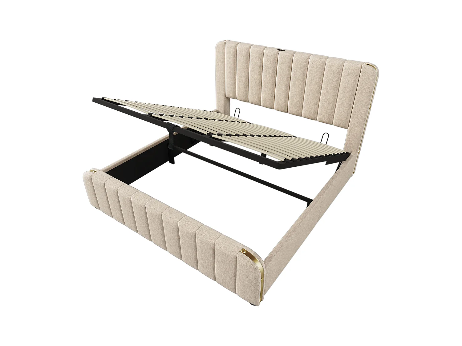 Lit coffre 180x200 cm - lit adulte avec rayures décoratives dorées et recharge USB Type-C - lin - beige