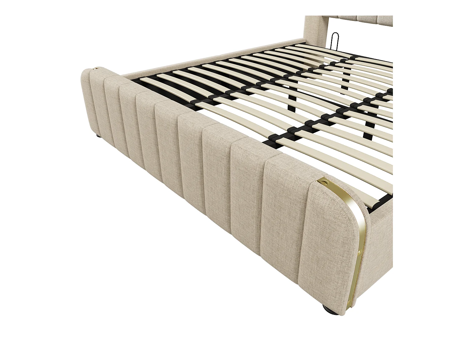 Lit coffre 180x200 cm - lit adulte avec rayures décoratives dorées et recharge USB Type-C - lin - beige