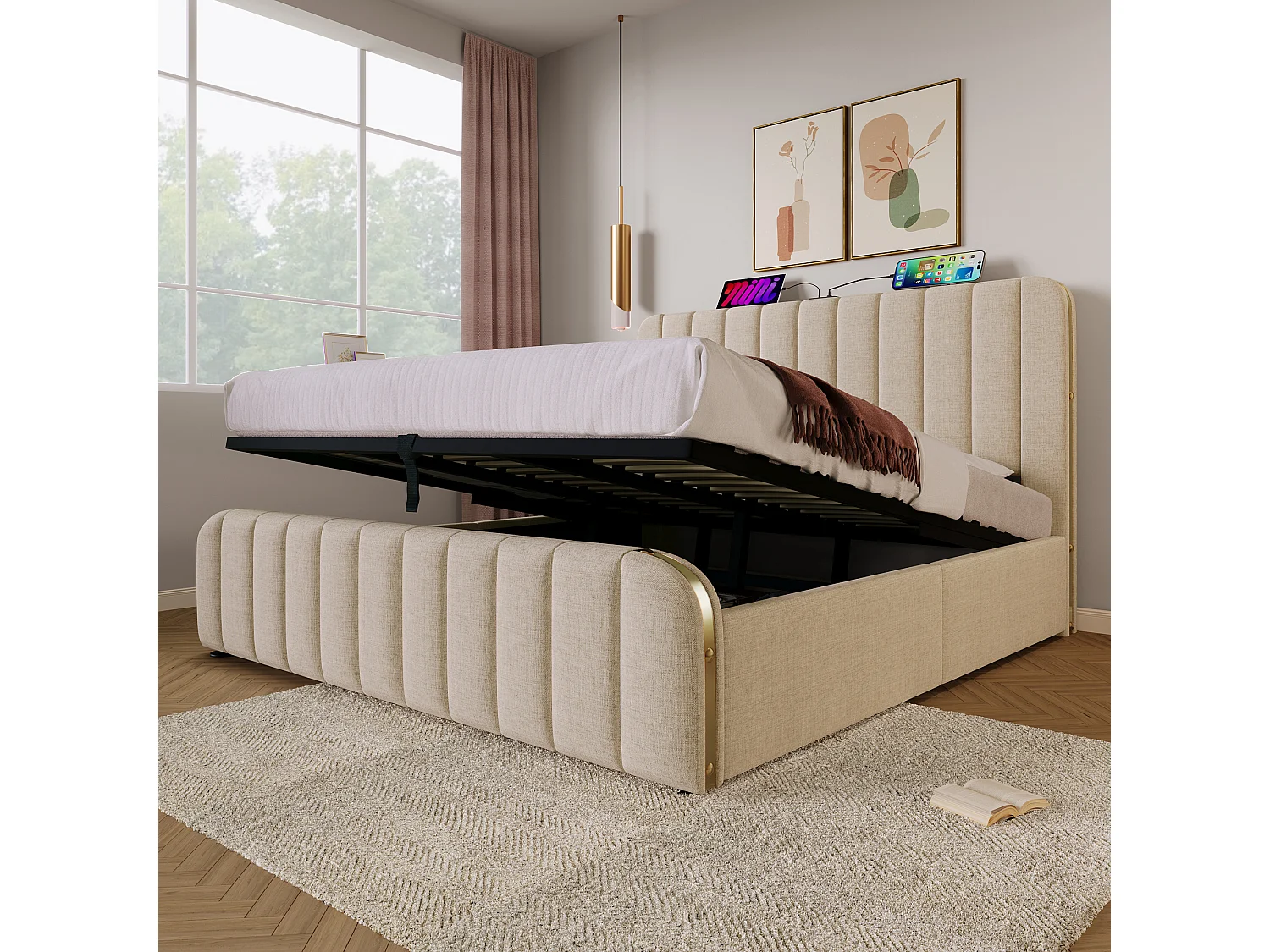 Lit coffre 180x200 cm - lit adulte avec rayures décoratives dorées et recharge USB Type-C - lin - beige