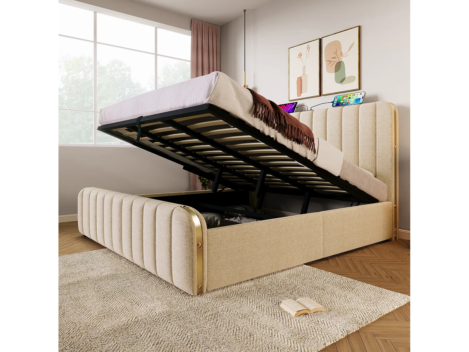 Lit coffre 180x200 cm - lit adulte avec rayures décoratives dorées et recharge USB Type-C - lin - beige