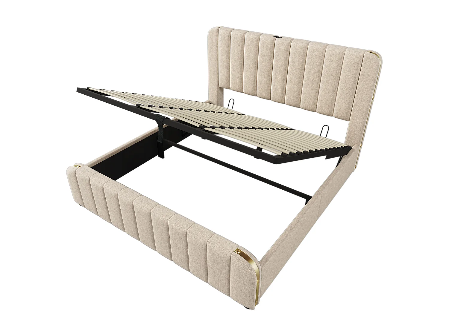 Lit coffre 180x200 cm - lit adulte avec rayures décoratives dorées et recharge USB Type-C - lin - beige