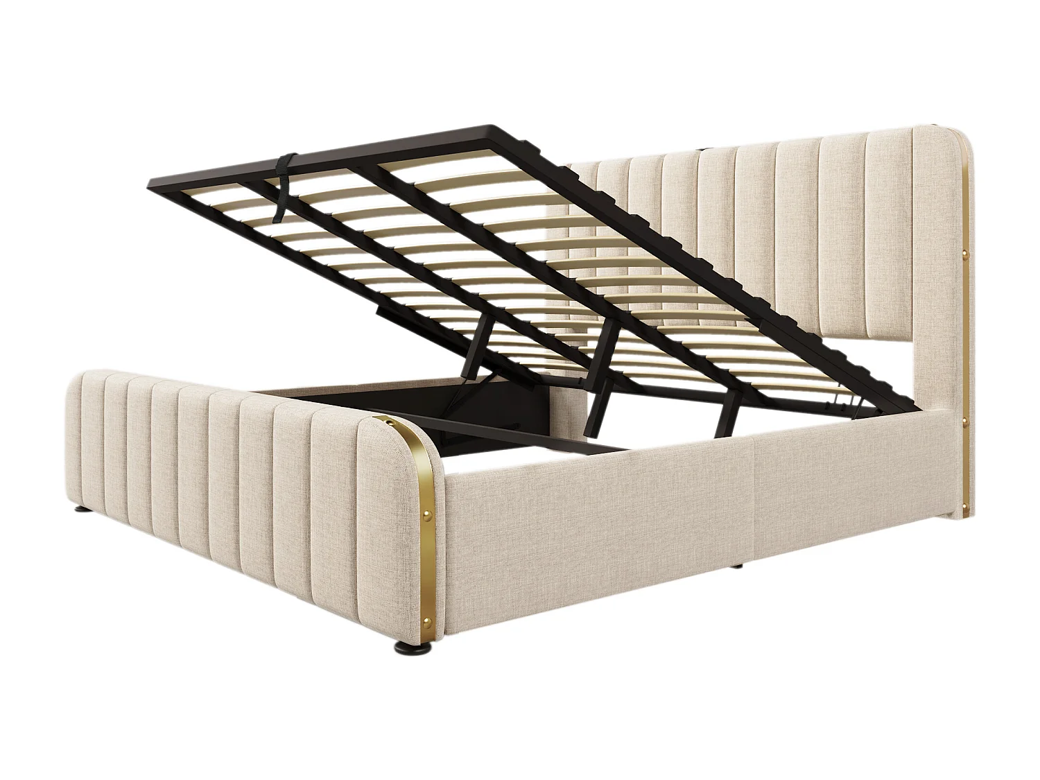 Lit coffre 180x200 cm - lit adulte avec rayures décoratives dorées et recharge USB Type-C - lin - beige