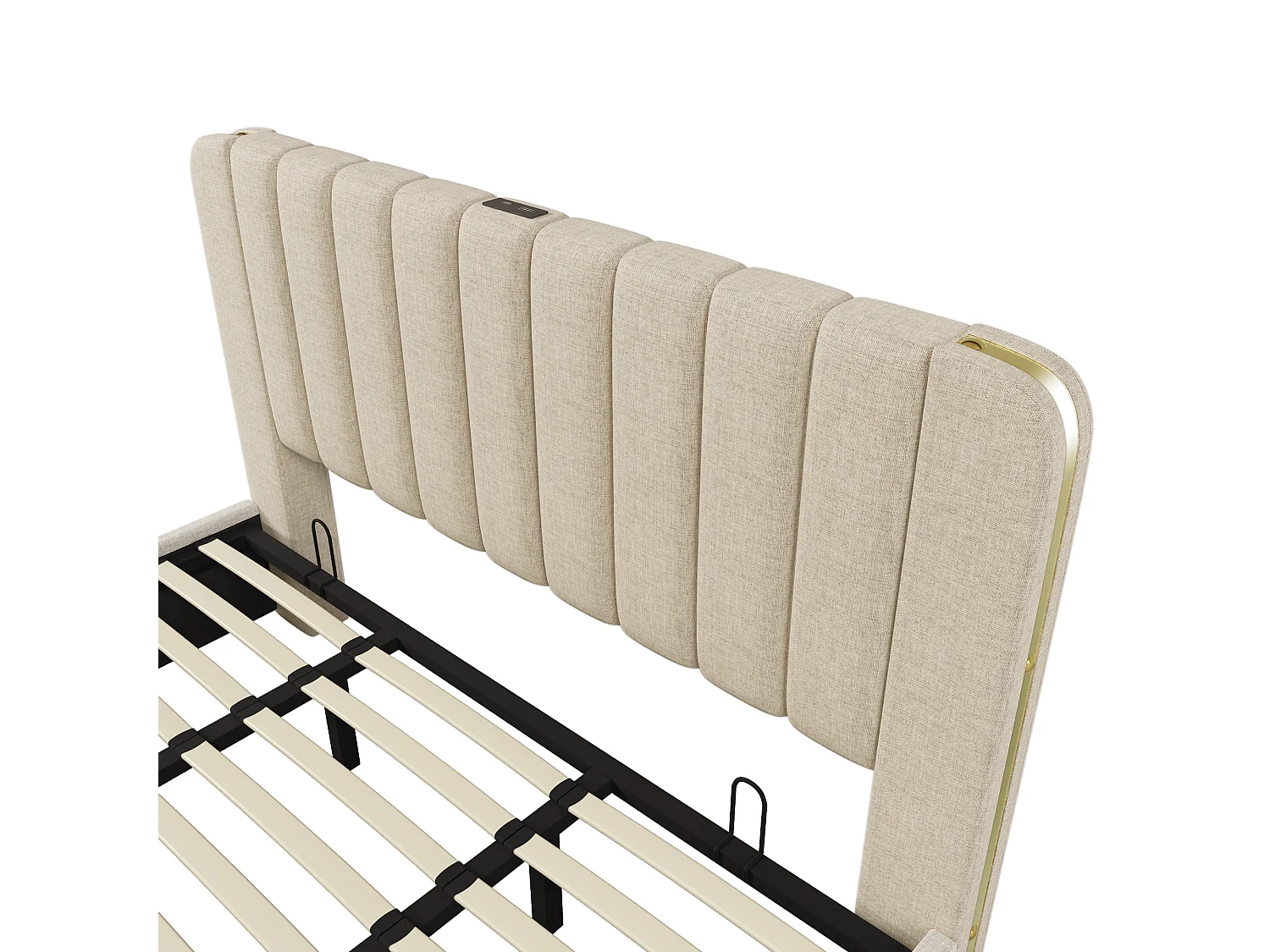Lit coffre 180x200 cm - lit adulte avec rayures décoratives dorées et recharge USB Type-C - lin - beige