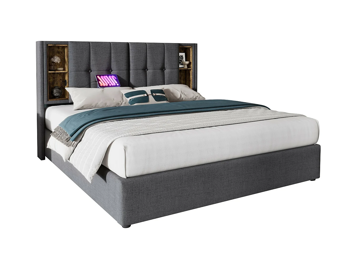 Lit coffre 180x200 cm - lit adulte avec recharge sans fil USB C - coton - gris