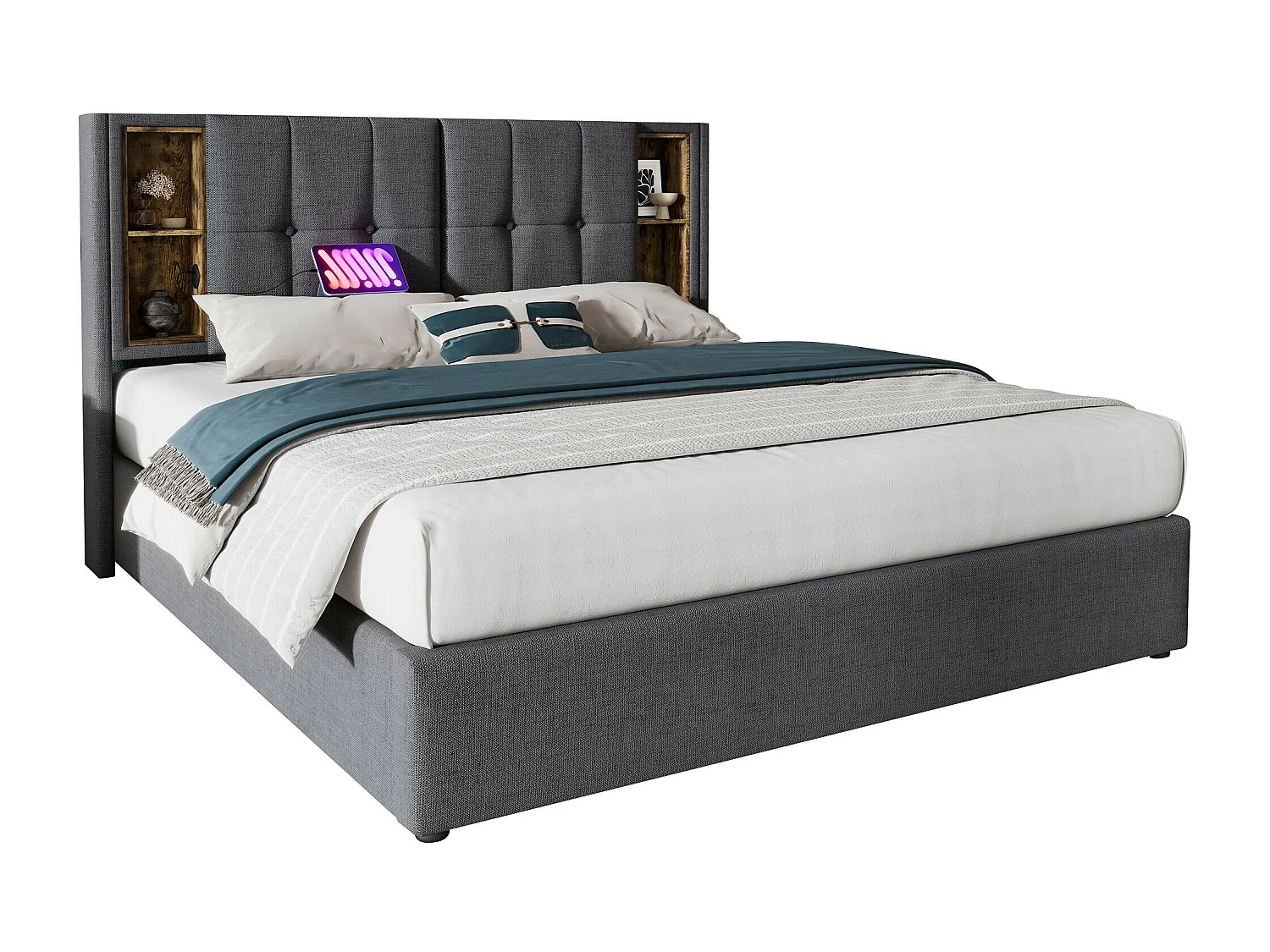 Lit coffre 180x200 cm - lit adulte avec recharge sans fil USB C - coton - gris