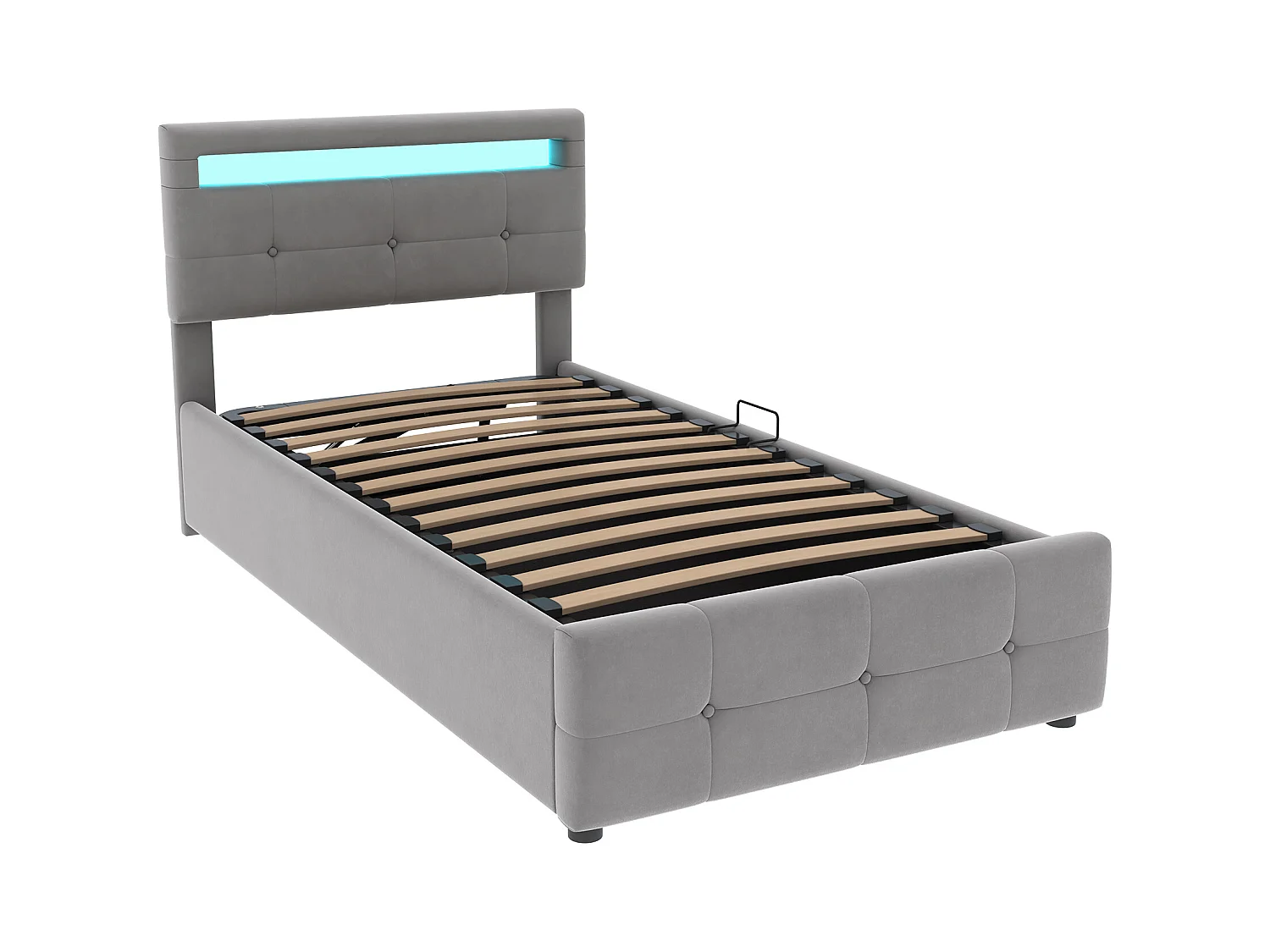 Lit coffre 90x200 cm - lit capitonné avec éclairage LED - tête de lit réglable en hauteur - tissu velours -  similicuir - gris