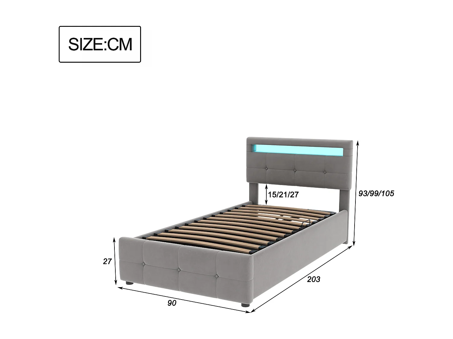 Lit coffre 90x200 cm - lit capitonné avec éclairage LED - tête de lit réglable en hauteur - tissu velours -  similicuir - gris