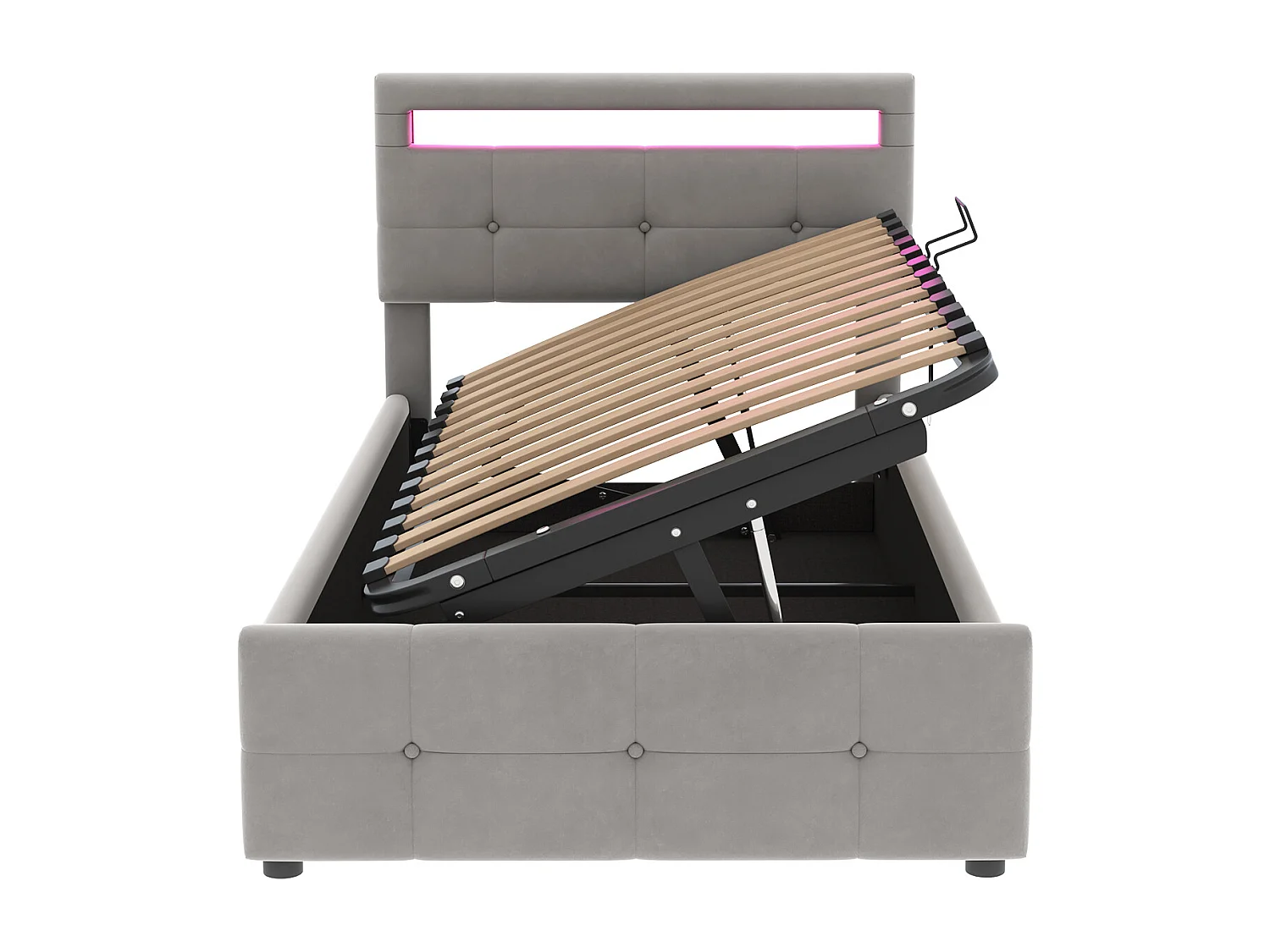 Lit coffre 90x200 cm - lit capitonné avec éclairage LED - tête de lit réglable en hauteur - tissu velours -  similicuir - gris