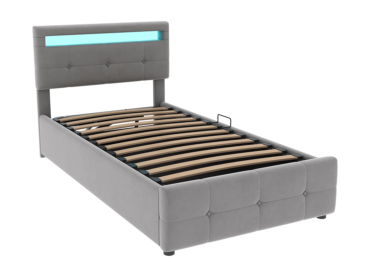 Lit coffre 90x200 cm - lit capitonné avec éclairage LED - tête de lit réglable en hauteur - tissu velours -  similicuir - gris