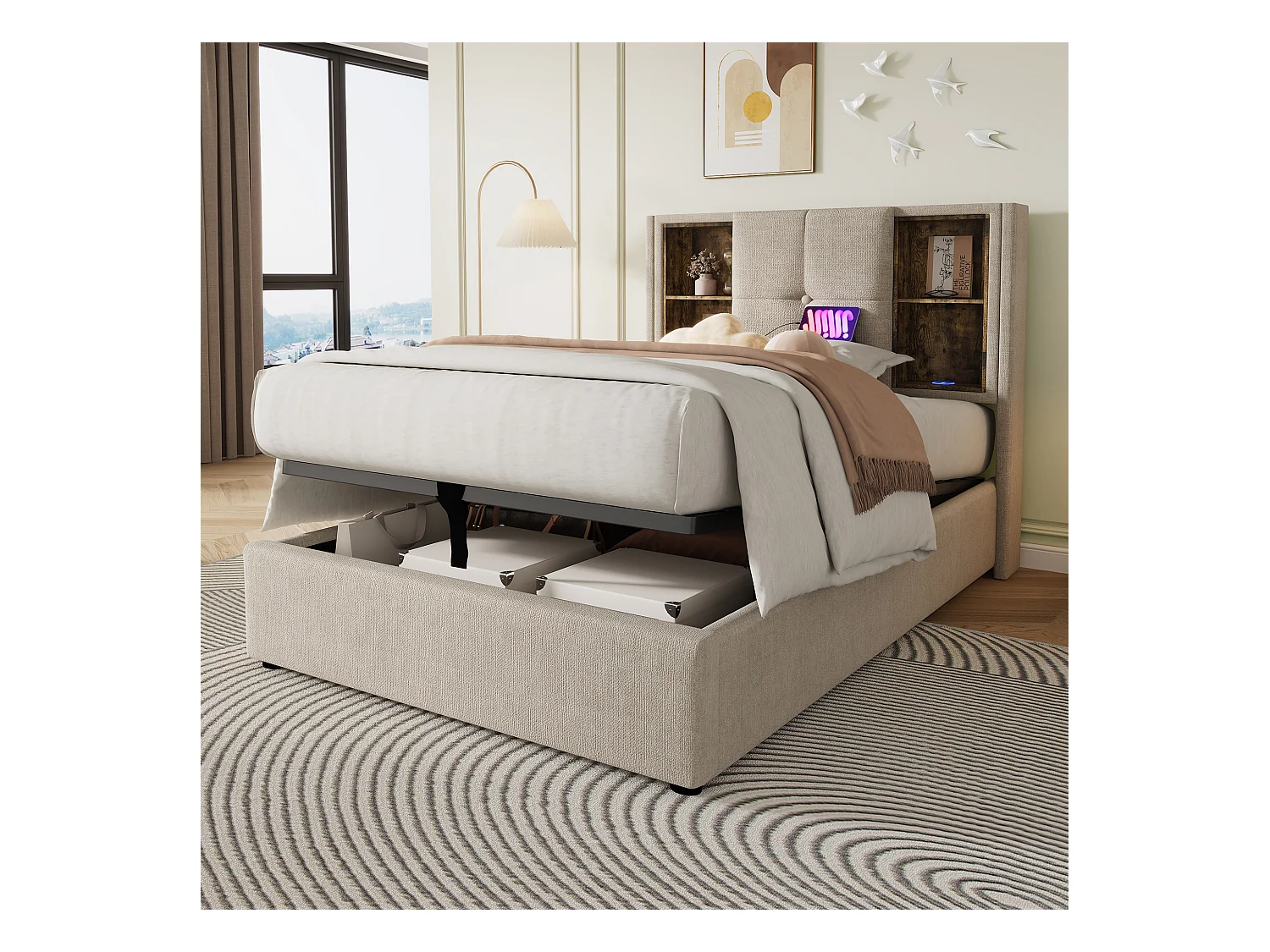 Lit coffre 90x200 cm - lit enfant avec recharge sans fil USB C - lin - coloris naturel