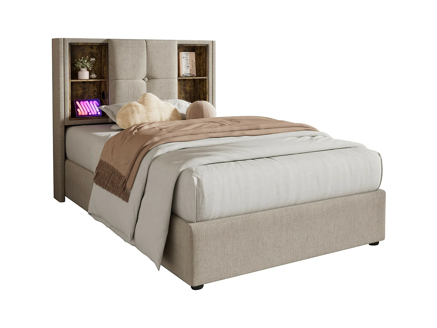 Lit coffre 90x200 cm - lit enfant avec recharge sans fil USB C - lin - coloris naturel