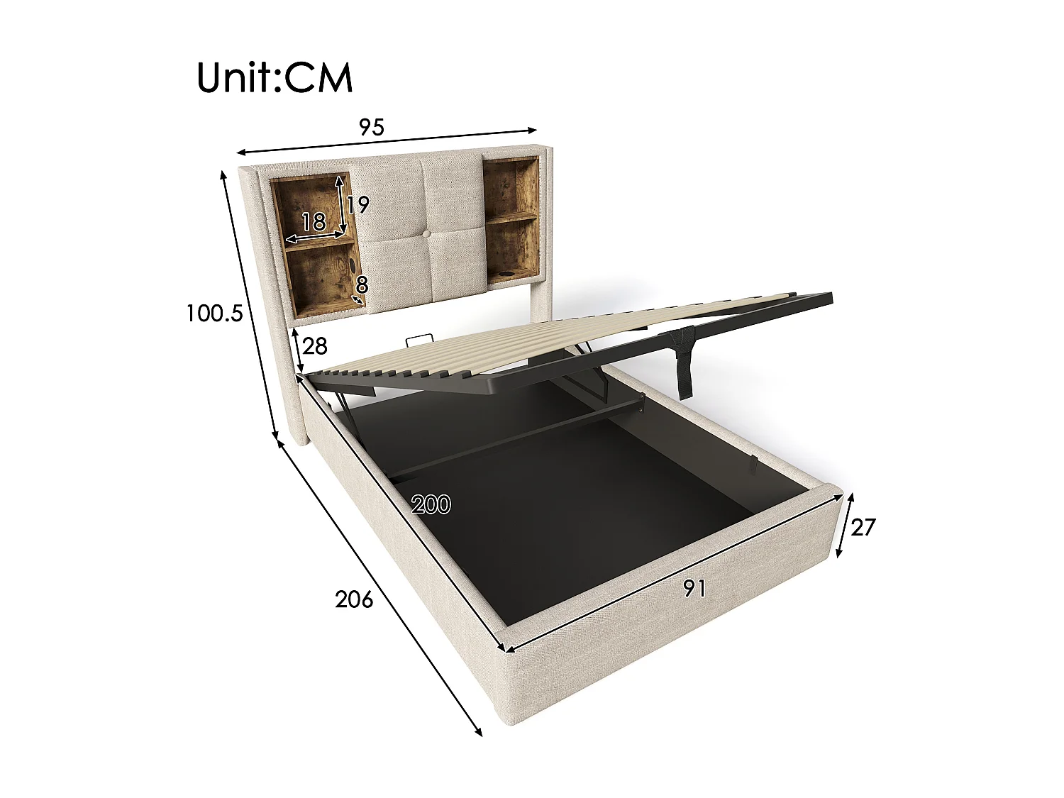Lit coffre 90x200 cm - lit enfant avec recharge sans fil USB C - lin - coloris naturel