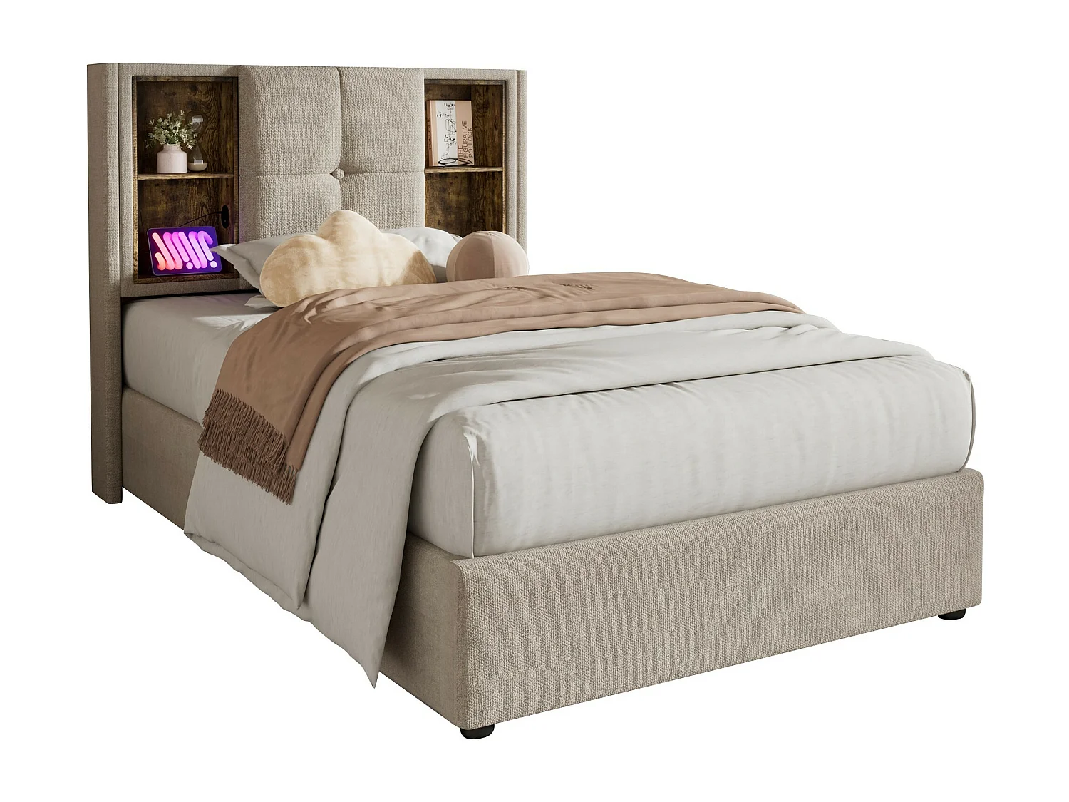 Lit coffre 90x200 cm - lit enfant avec recharge sans fil USB C - lin - coloris naturel