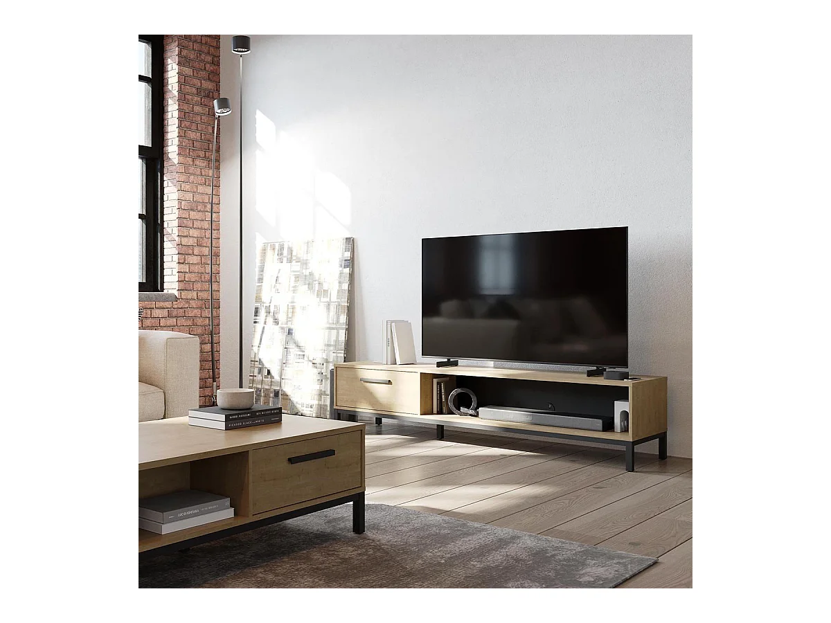 Meuble TV 1 tiroir et 1 niche décor chêne et noir mat L183 cm - CRAFT
