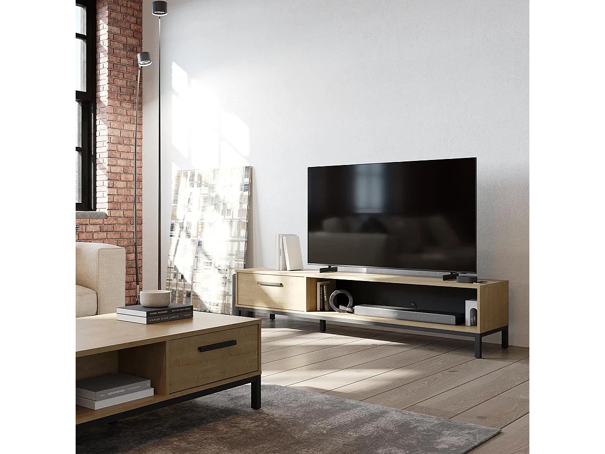 Meuble TV 1 tiroir et 1 niche décor chêne et noir mat L183 cm - CRAFT