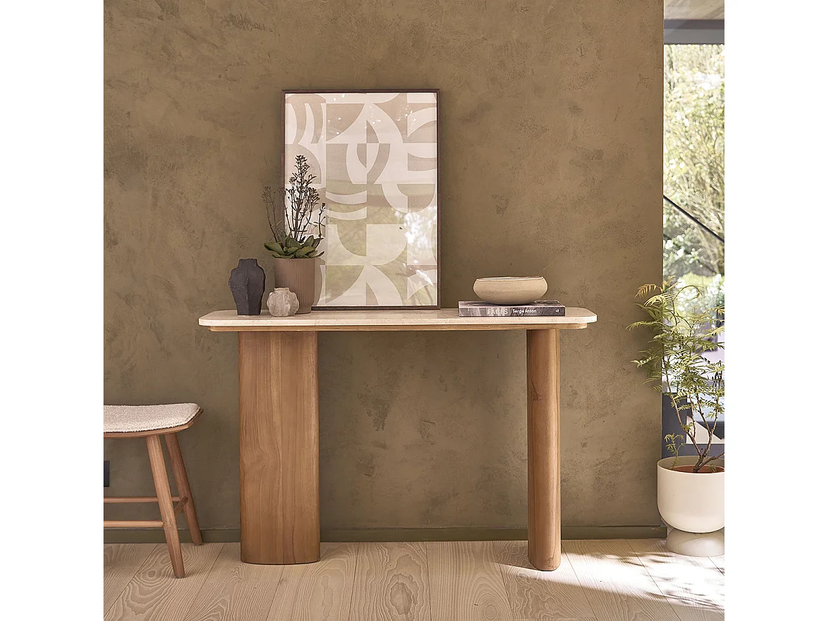 Consola de entrada de teca maciza y mármol 120 cm - Diseño contemporáneo