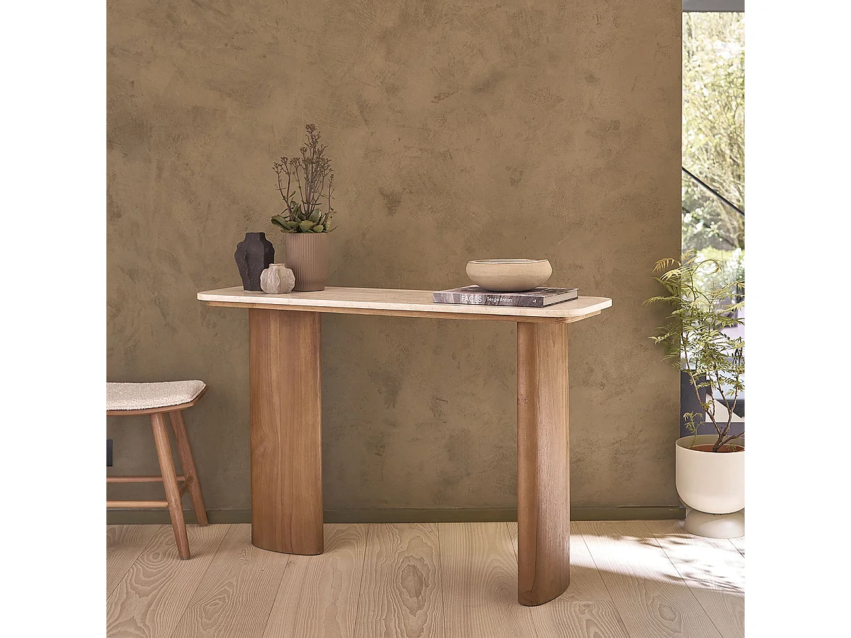 Consola de entrada de teca maciza y mármol 120 cm - Diseño contemporáneo