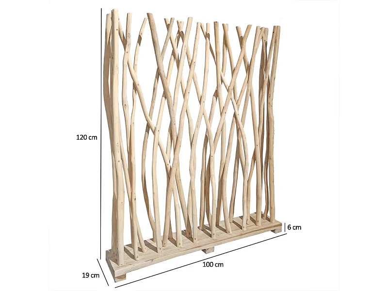 Paravent H. 120 cm branches de bois de teck brut blanchi - BRENT 03
