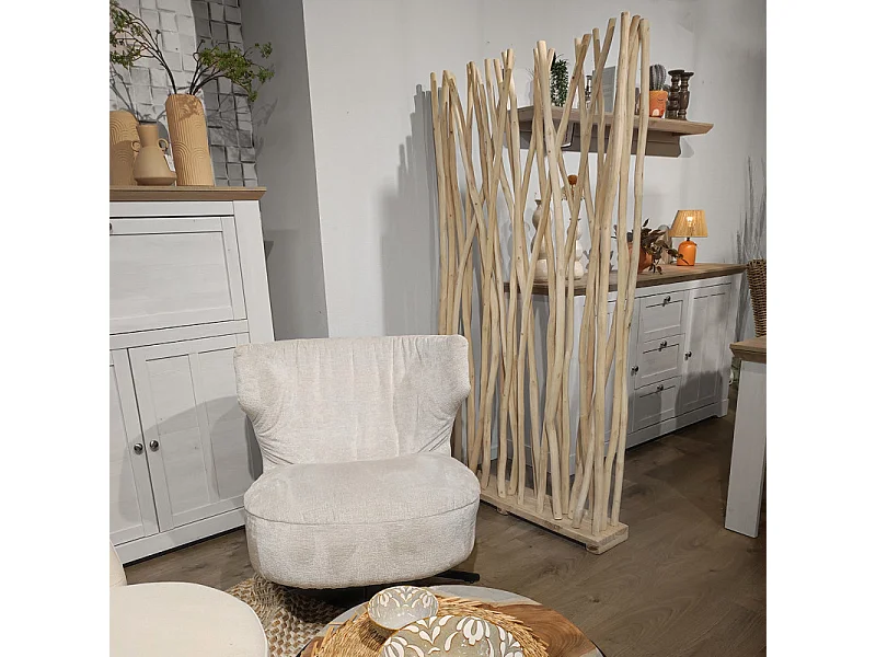 Paravent H. 180 cm branches de bois de teck brut blanchi - BRENT 02