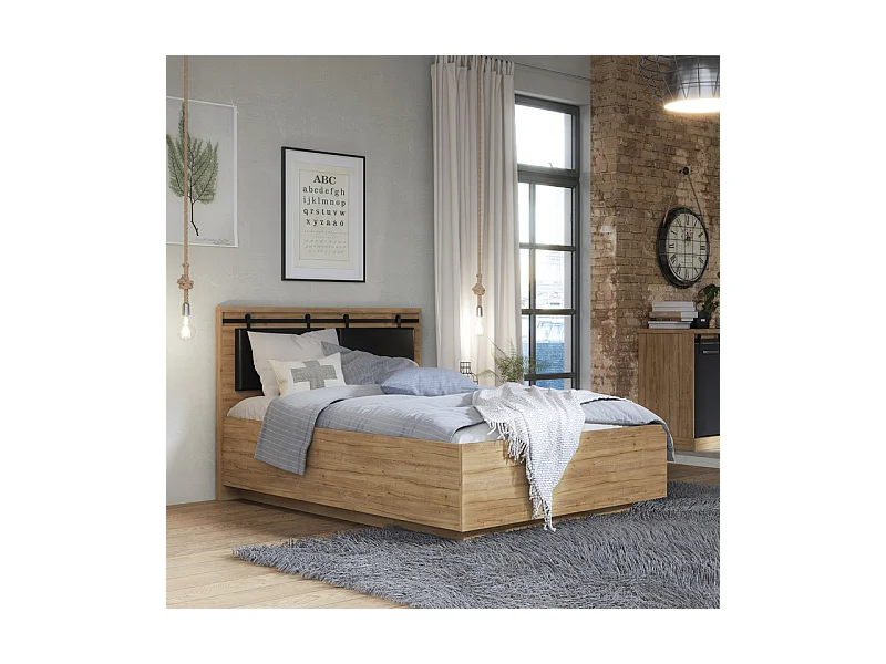 Lit 140 x 190 cm avec tête de lit en décor chêne et noir – FARM