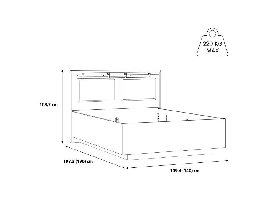 Lit 140 x 190 cm avec tête de lit en décor chêne et noir – FARM