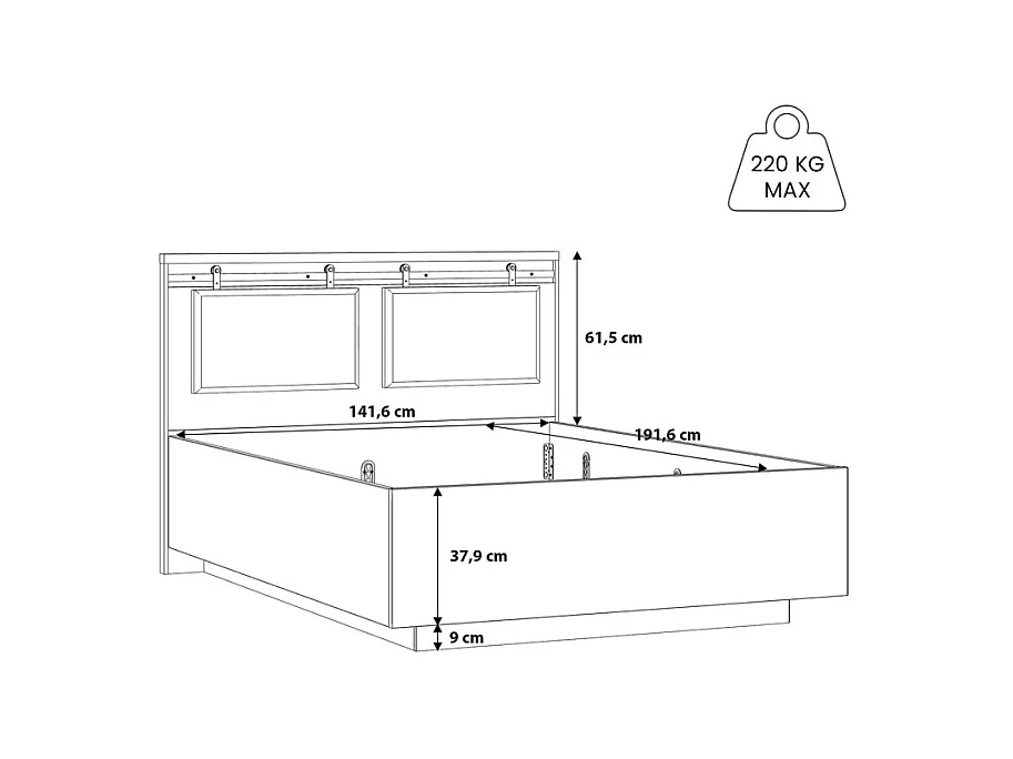 Lit 140 x 190 cm avec tête de lit en décor chêne et noir – FARM