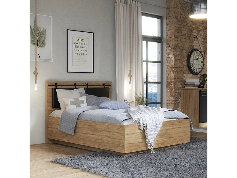 Lit 140 x 190 cm avec tête de lit en décor chêne et noir – FARM