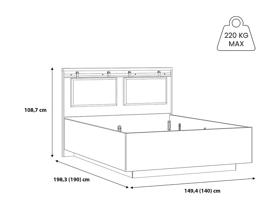 Lit 140 x 190 cm avec tête de lit en décor chêne et noir – FARM
