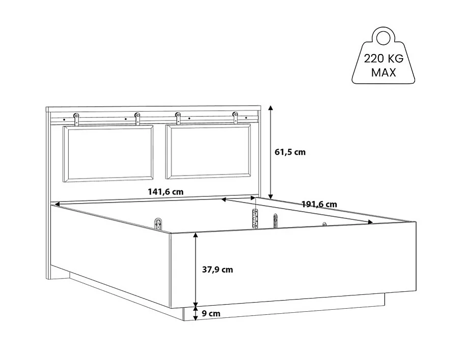 Lit 140 x 190 cm avec tête de lit en décor chêne et noir – FARM