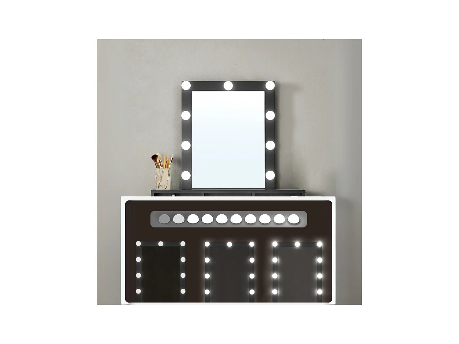 Coiffeuse 1 tiroir, 3 niches et 1 miroir avec ampoules noir - L80 cm