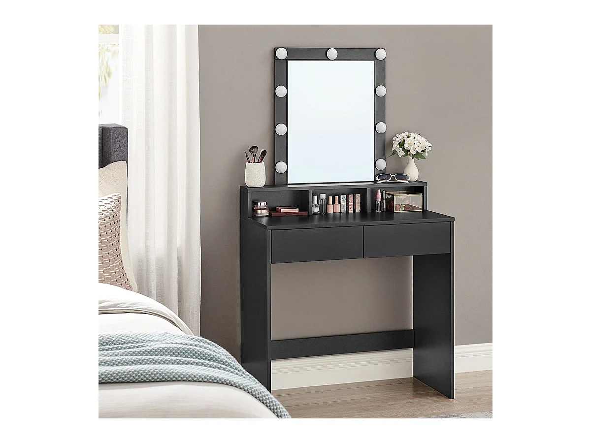 Coiffeuse 1 tiroir, 3 niches et 1 miroir avec ampoules noir - L80 cm