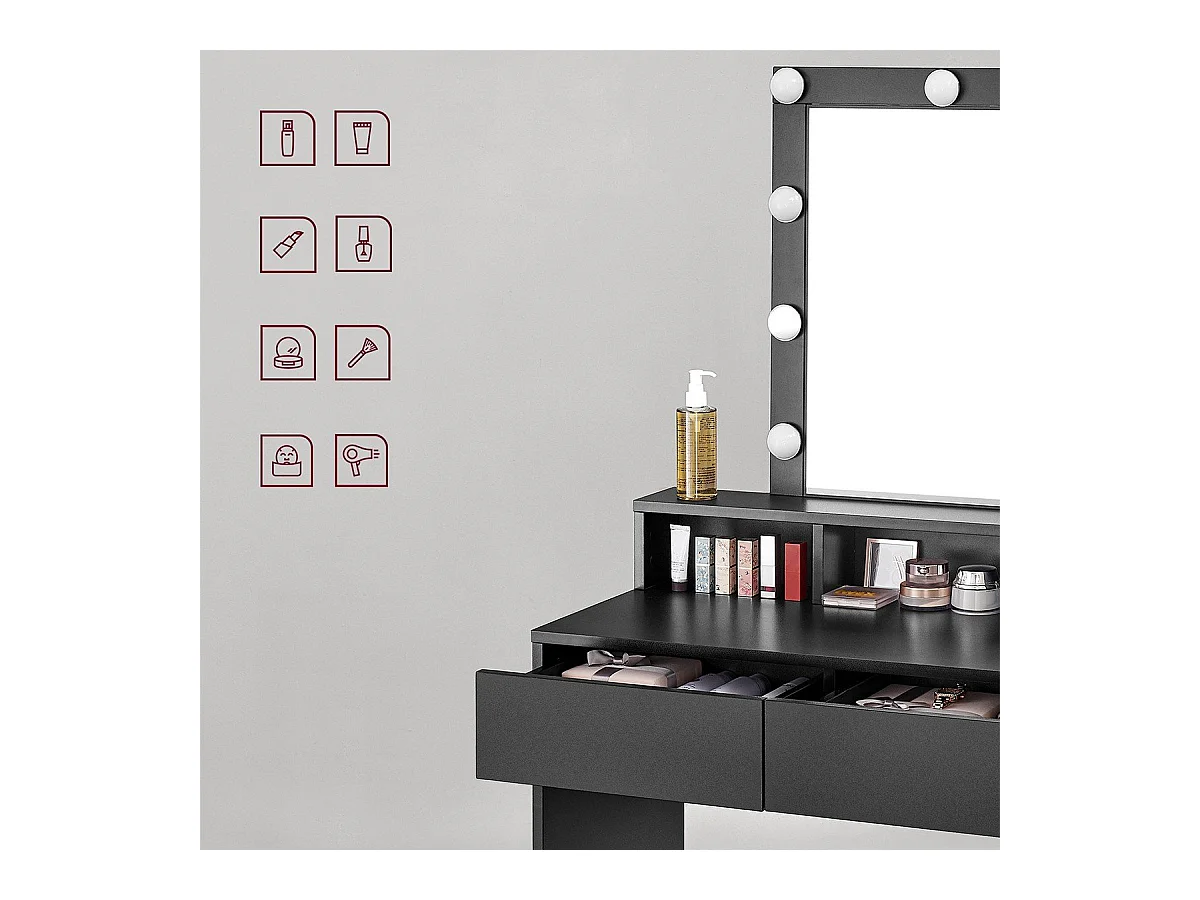 Coiffeuse 1 tiroir, 3 niches et 1 miroir avec ampoules noir - L80 cm