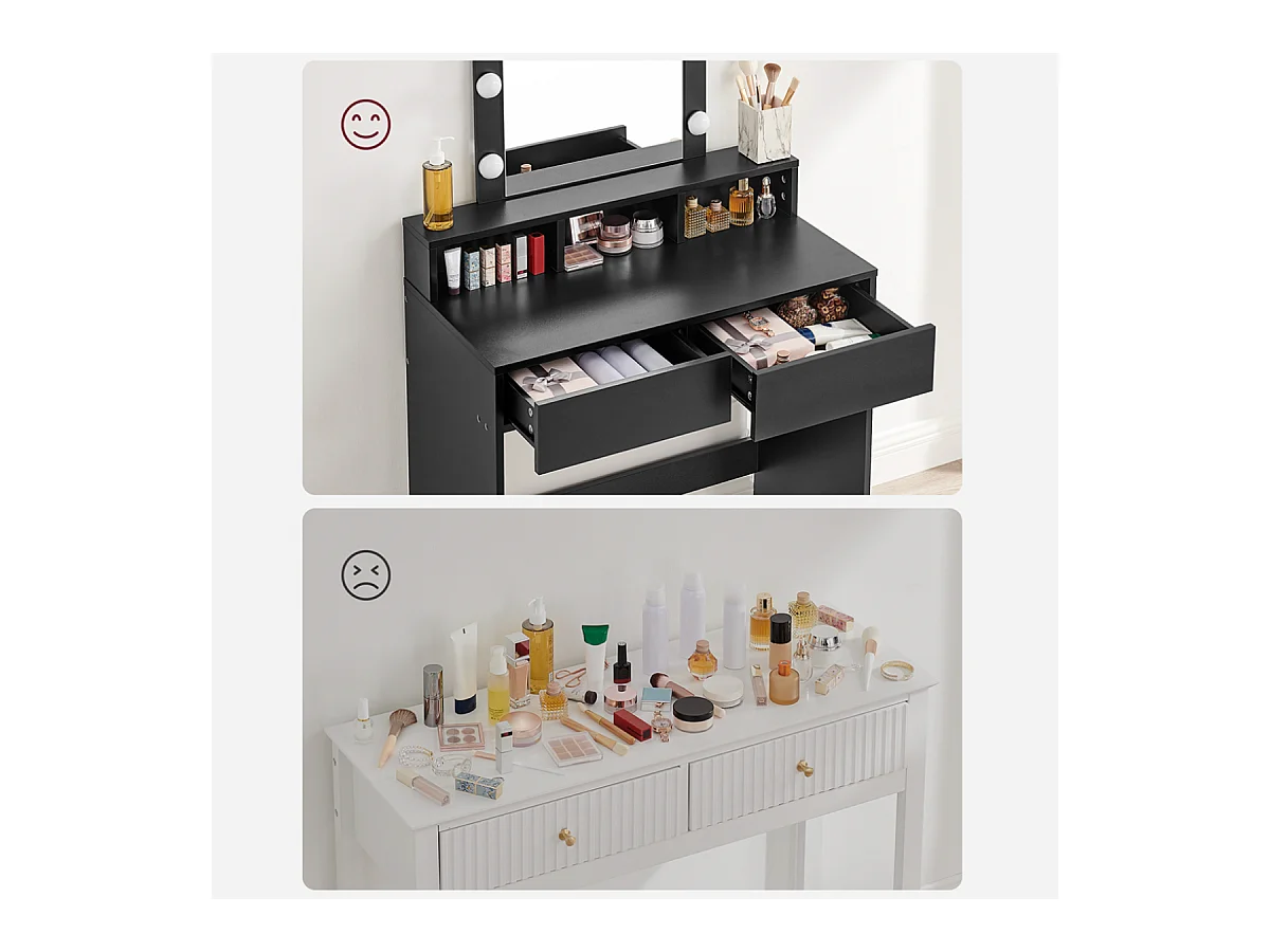 Coiffeuse 1 tiroir, 3 niches et 1 miroir avec ampoules noir - L80 cm