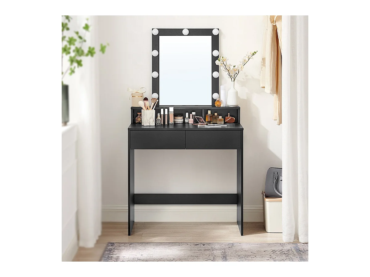 Coiffeuse 1 tiroir, 3 niches et 1 miroir avec ampoules noir - L80 cm