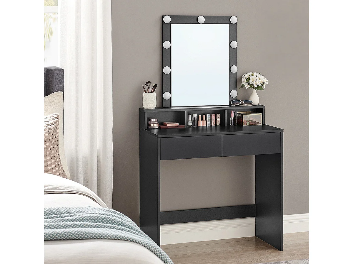Schminktisch 1 Schublade, 3 Fächer und 1 Spiegel mit Lampen Schwarz – B80 cm