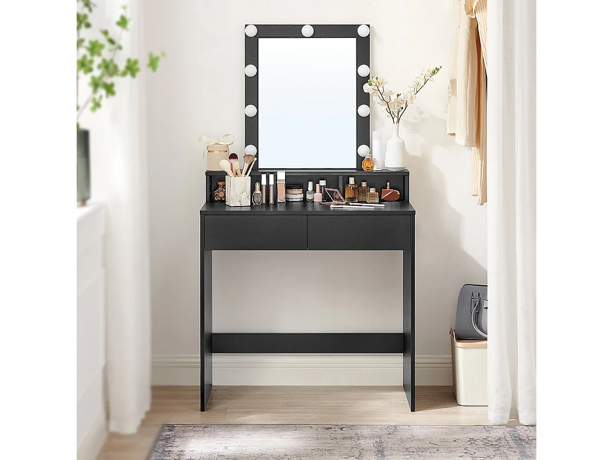 Schminktisch 1 Schublade, 3 Fächer und 1 Spiegel mit Lampen Schwarz – B80 cm