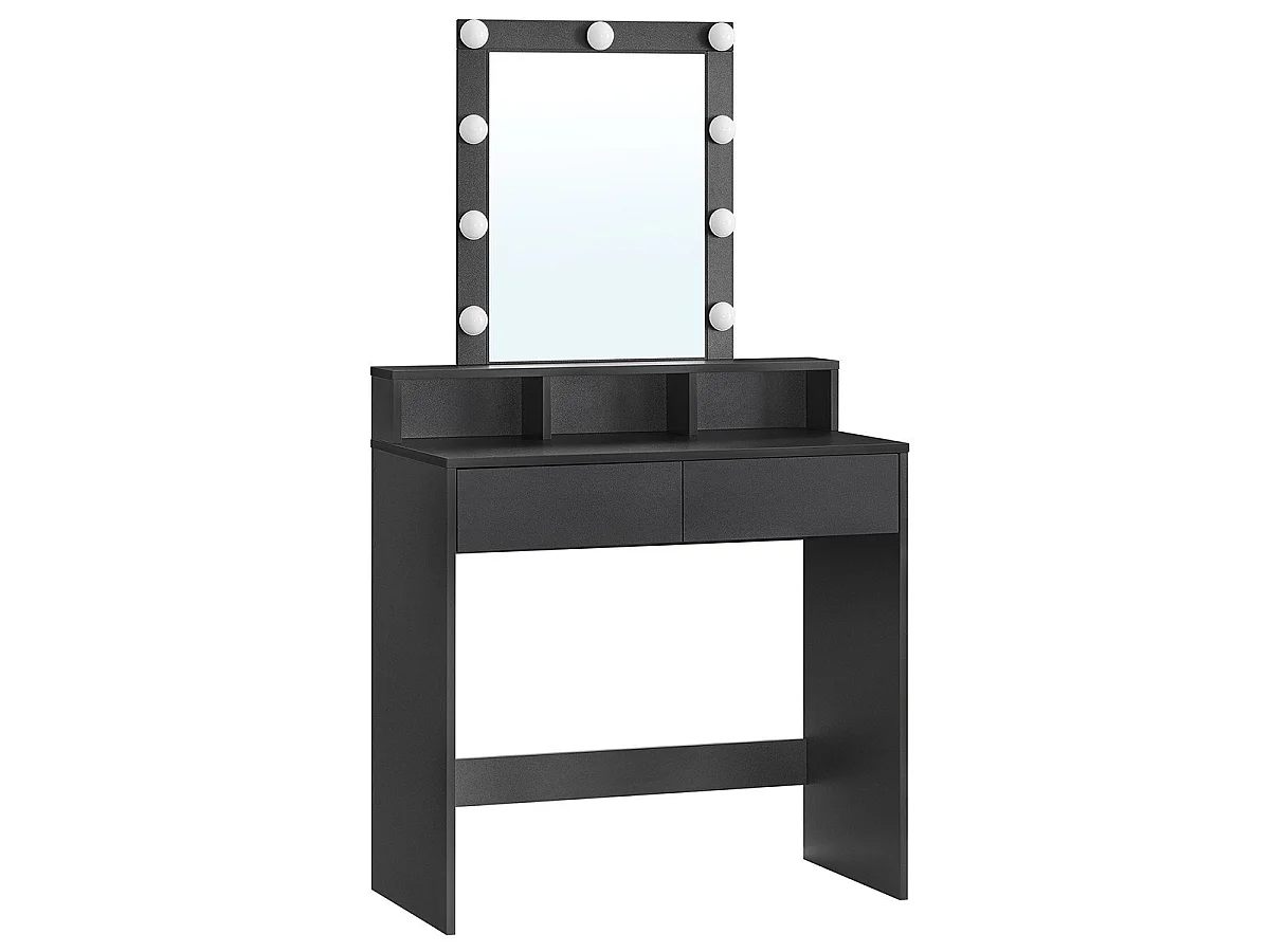 Coiffeuse 1 tiroir, 3 niches et 1 miroir avec ampoules noir - L80 cm