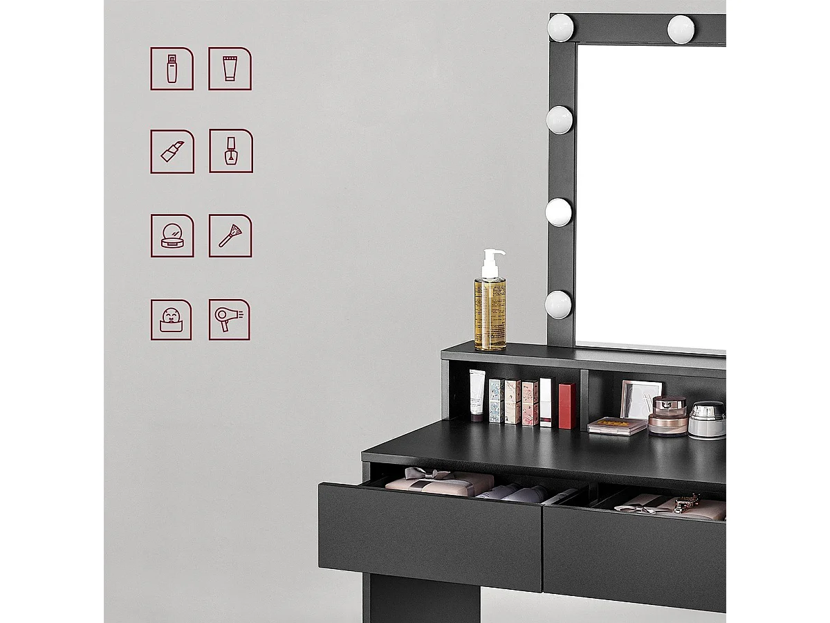 Coiffeuse 1 tiroir, 3 niches et 1 miroir avec ampoules noir - L80 cm