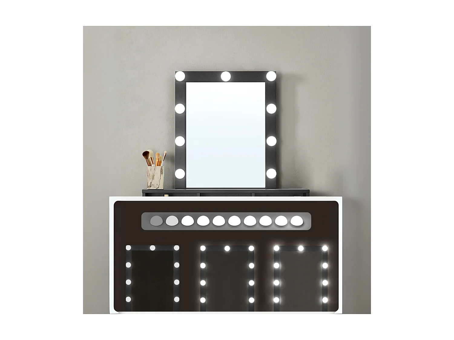 Schminktisch 1 Schublade, 3 Fächer und 1 Spiegel mit Lampen Schwarz – B80 cm