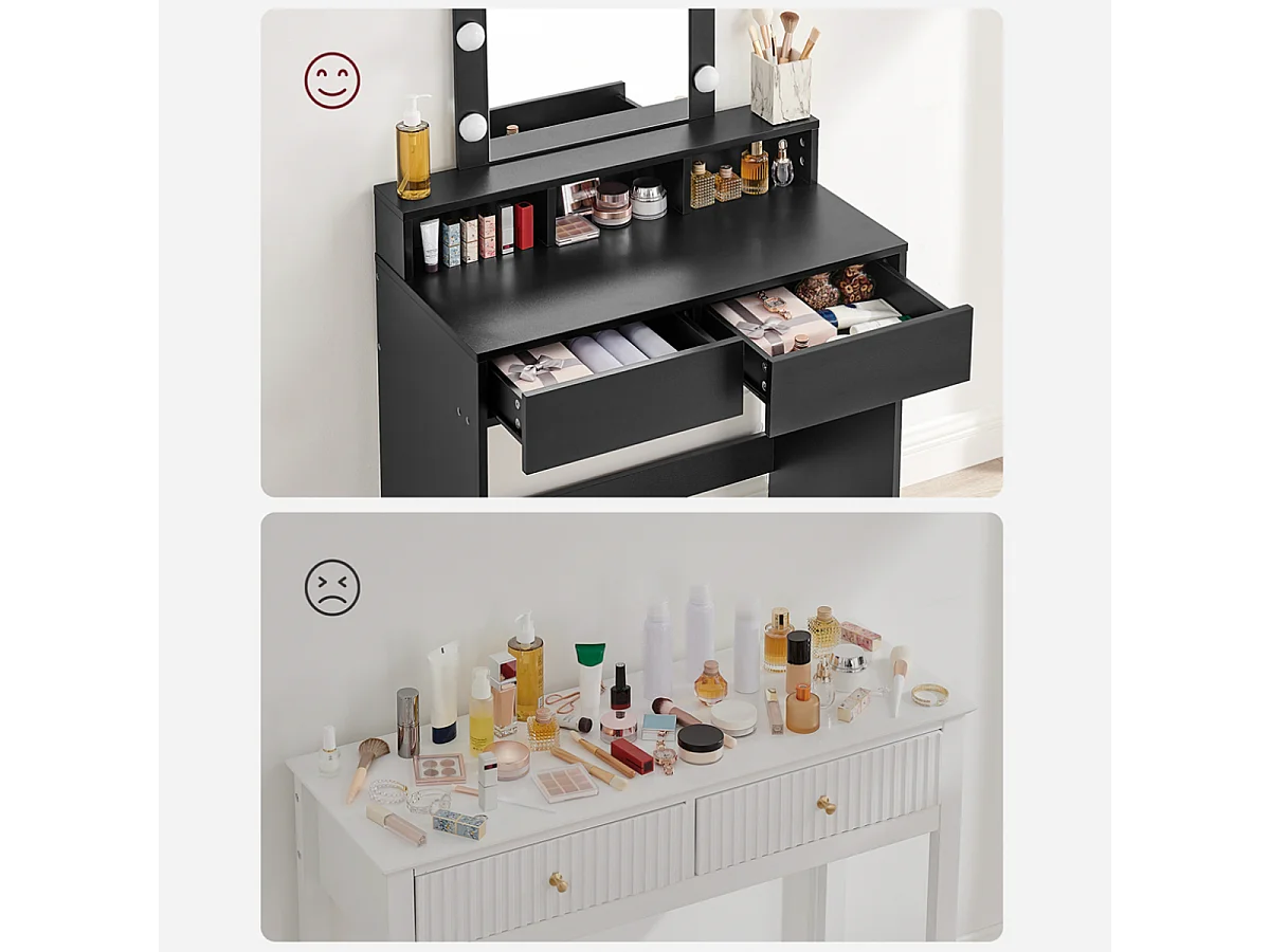 Schminktisch 1 Schublade, 3 Fächer und 1 Spiegel mit Lampen Schwarz – B80 cm