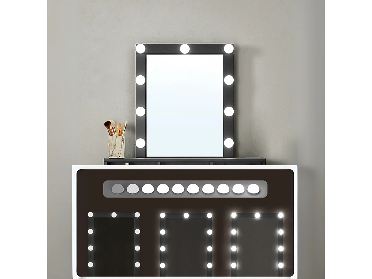 Coiffeuse 1 tiroir, 3 niches et 1 miroir avec ampoules noir - L80 cm