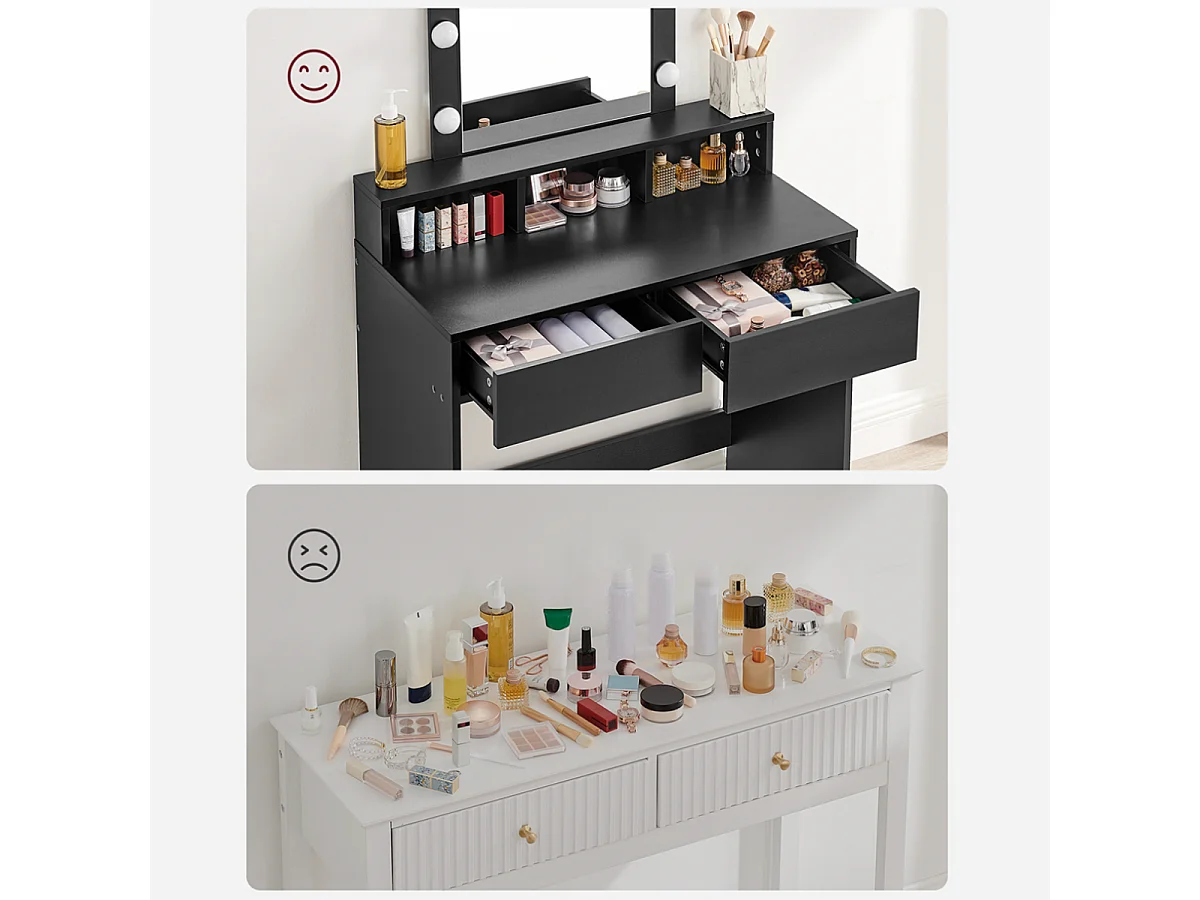 Coiffeuse 1 tiroir, 3 niches et 1 miroir avec ampoules noir - L80 cm