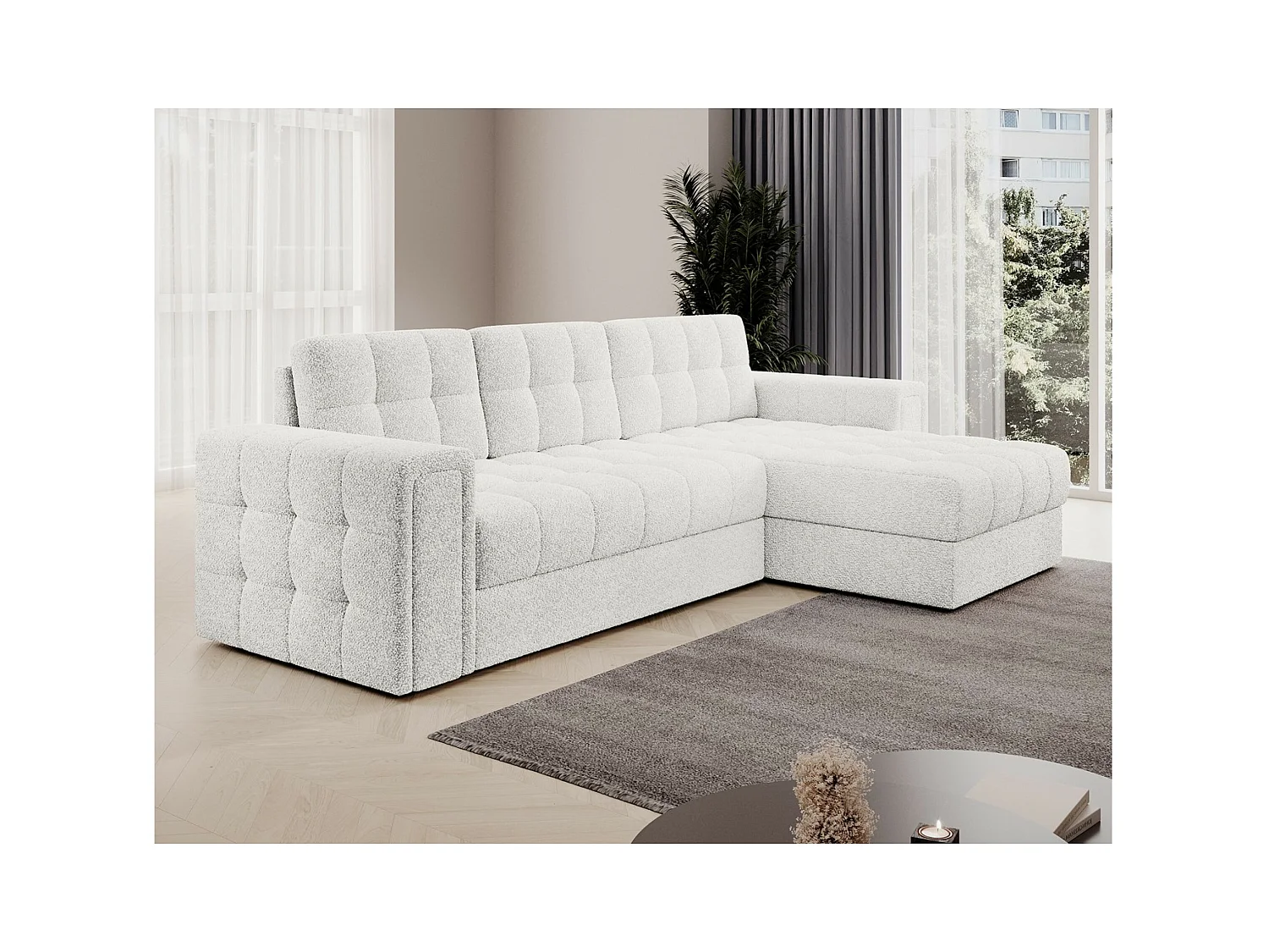 Ecksofa Polo R/Stoffbezug-Bouclé/Weiss